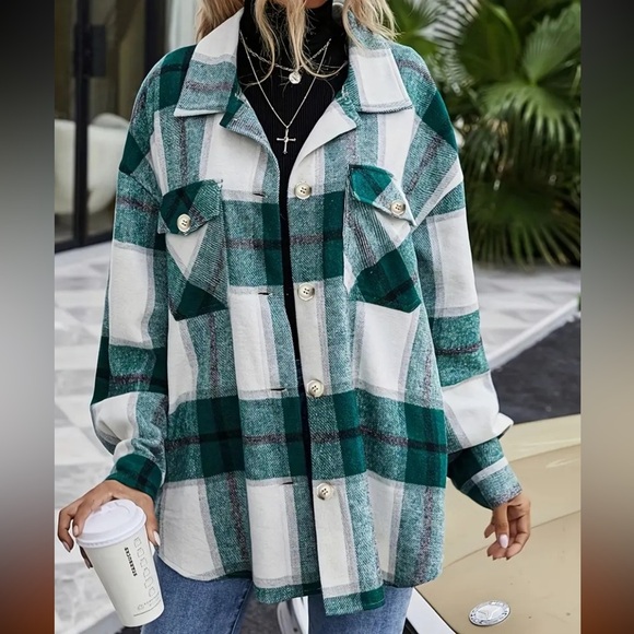 Plaid Button-Up Shirt in Green and White - Picture 1 of 4